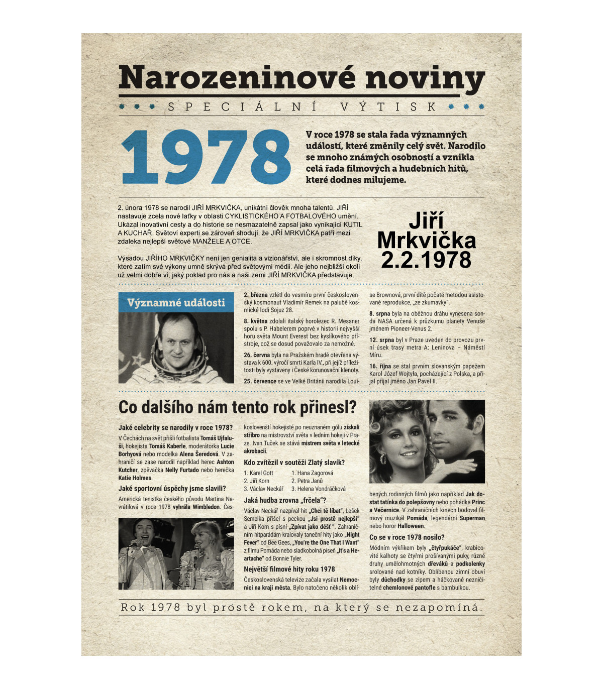 Narozeninové noviny 1978 s vlastním textem