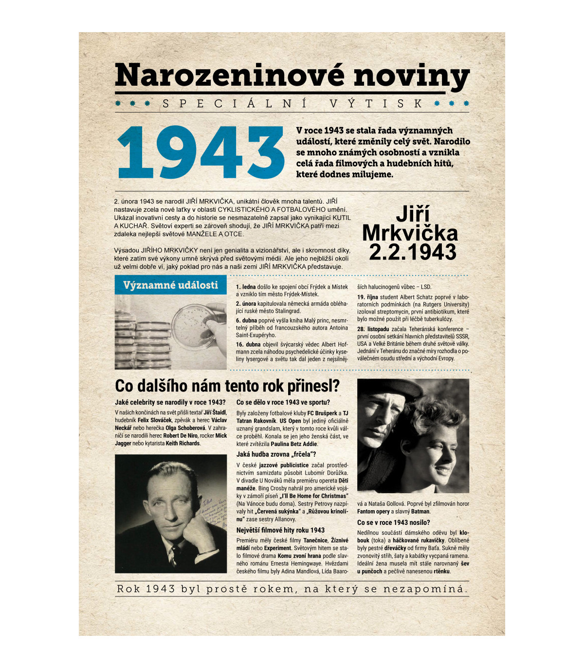 Narozeninové noviny 1943 s vlastním textem