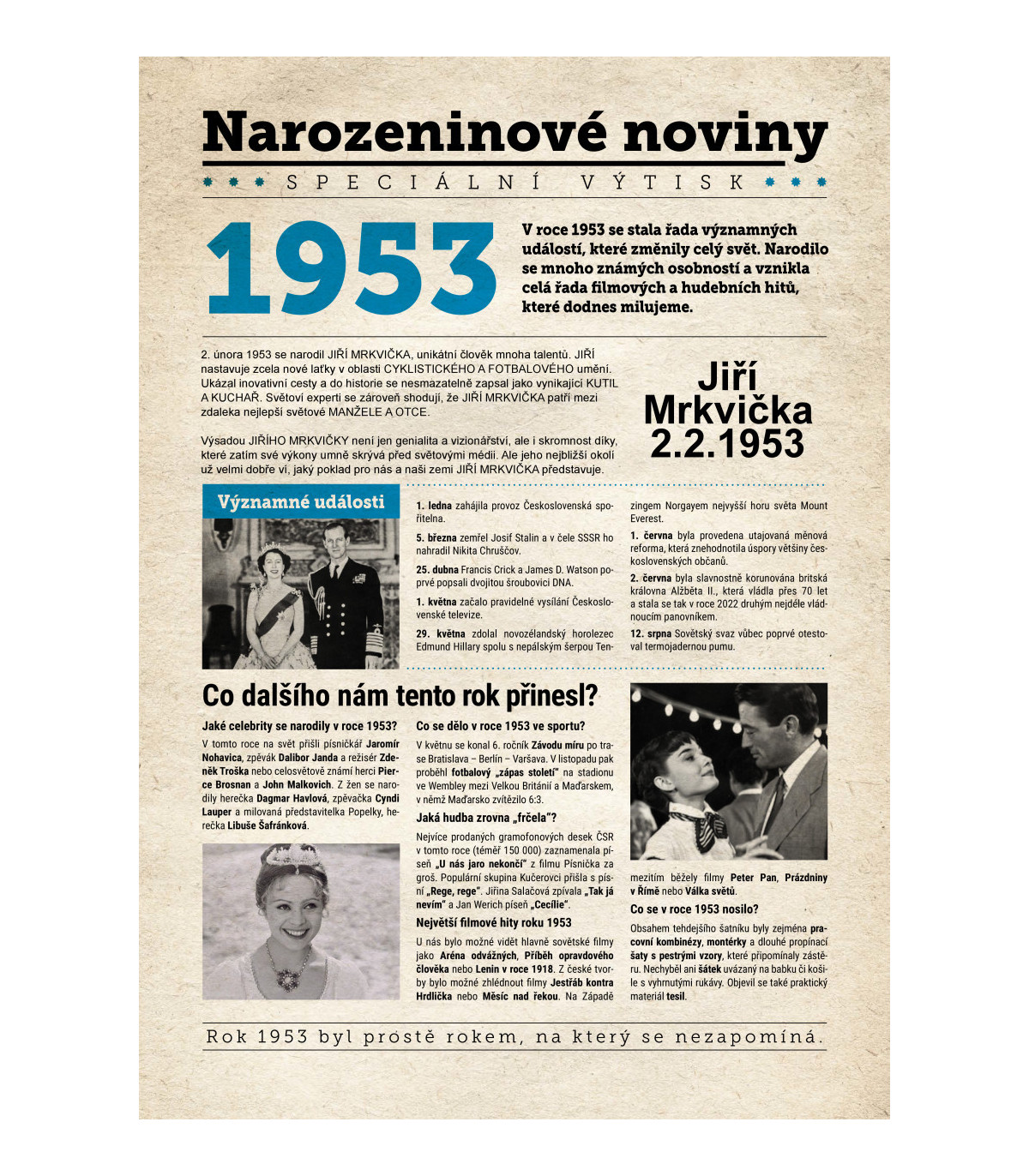 Narozeninové noviny 1953 s vlastním textem