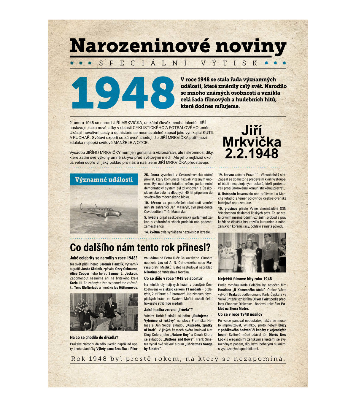 Narozeninové noviny 1948 s vlastním textem