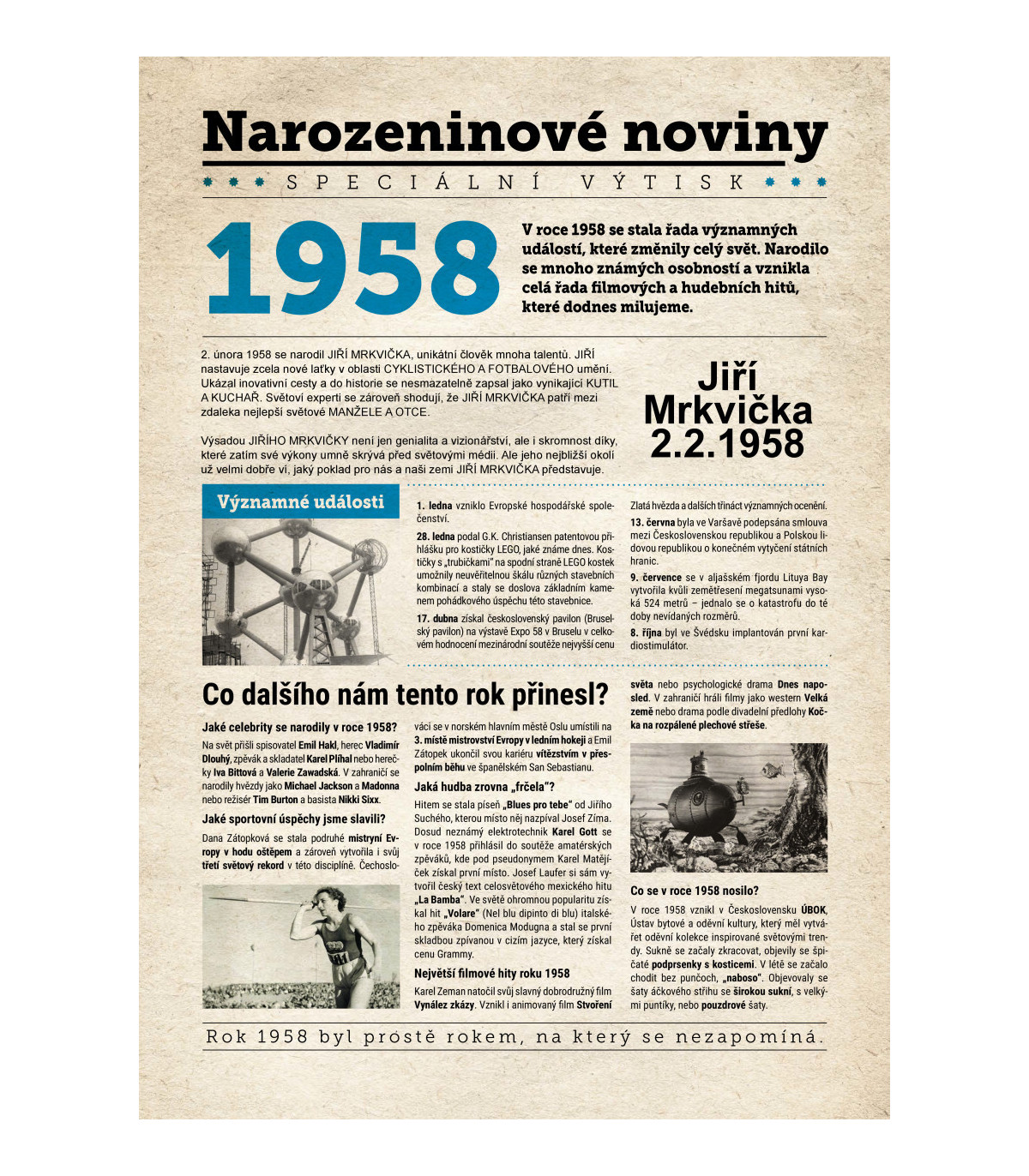Narozeninové noviny 1958 s vlastním textem
