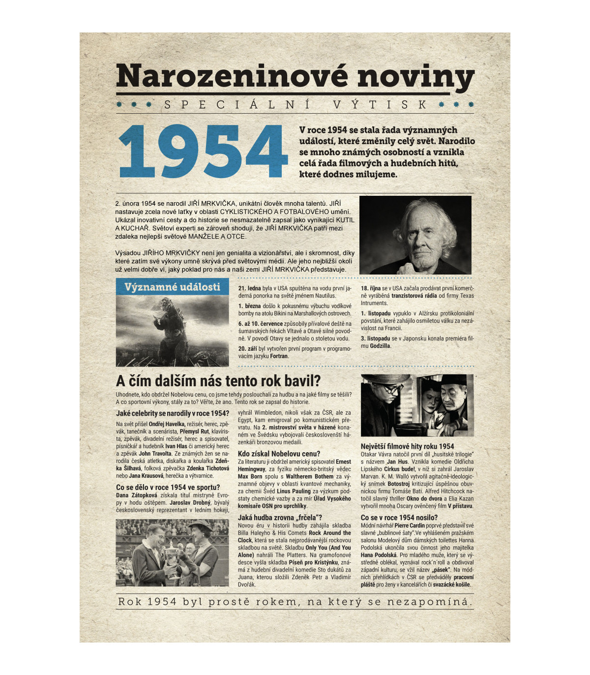 Narozeninové noviny 1954 s vlastním textem