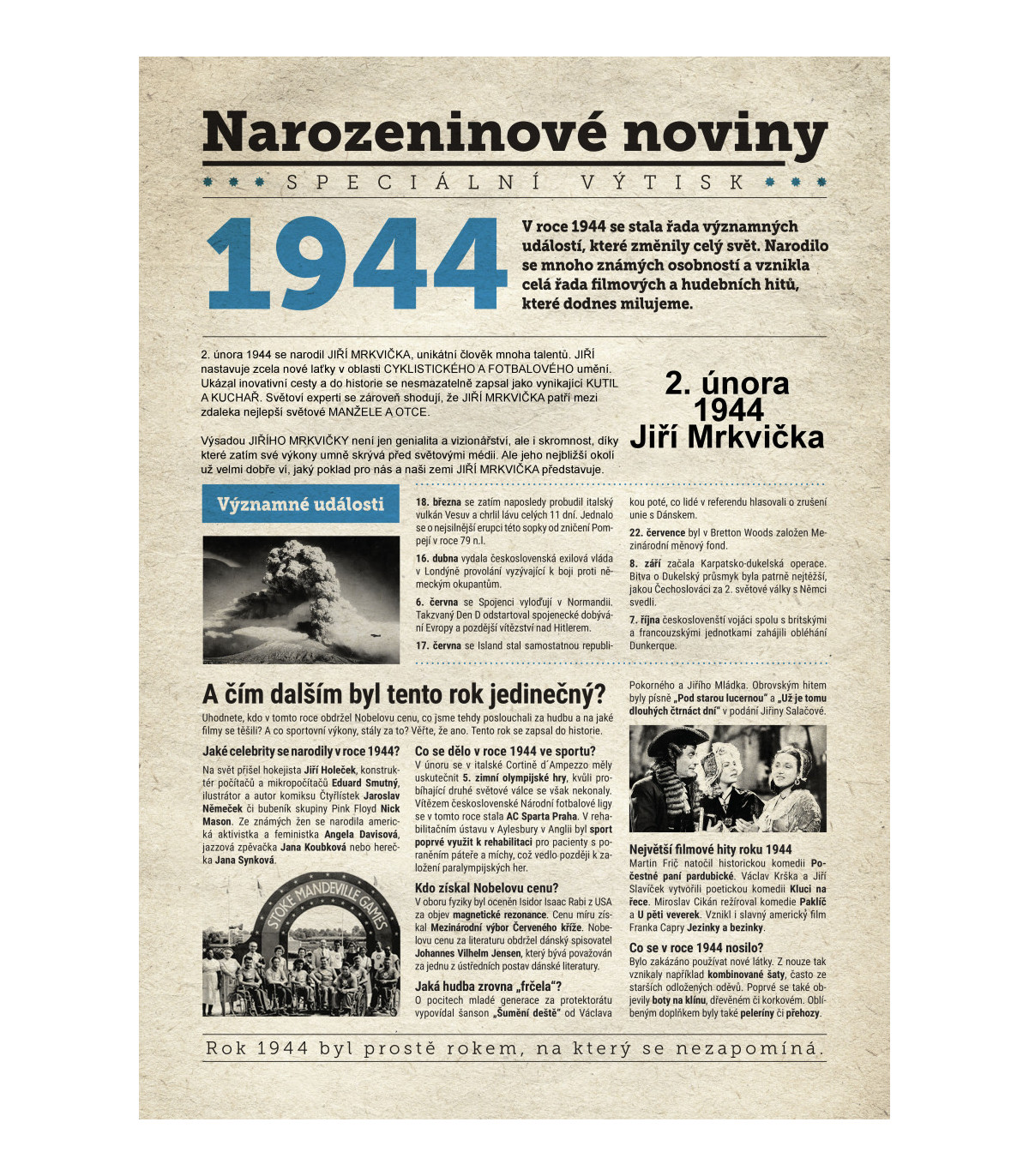 Narozeninové noviny 1944 s vlastním textem