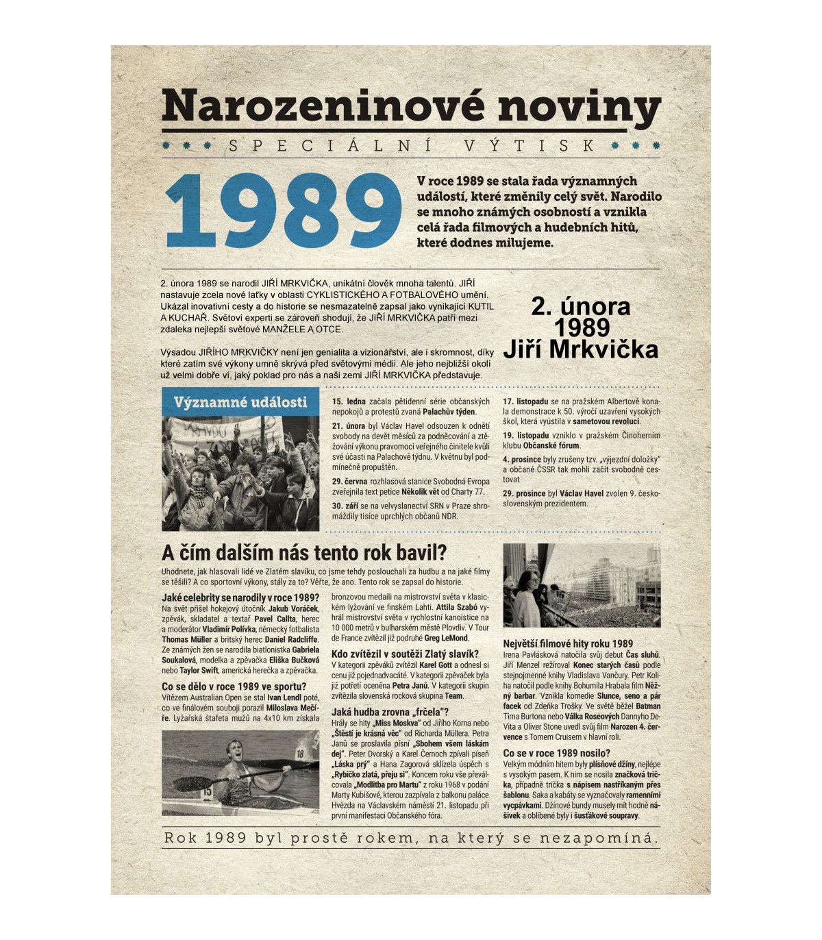 Narozeninové noviny 1989 s vlastním textem