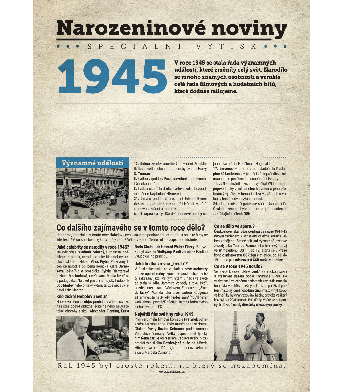 Narozeninové noviny 1945 s vlastním textem a fotografií