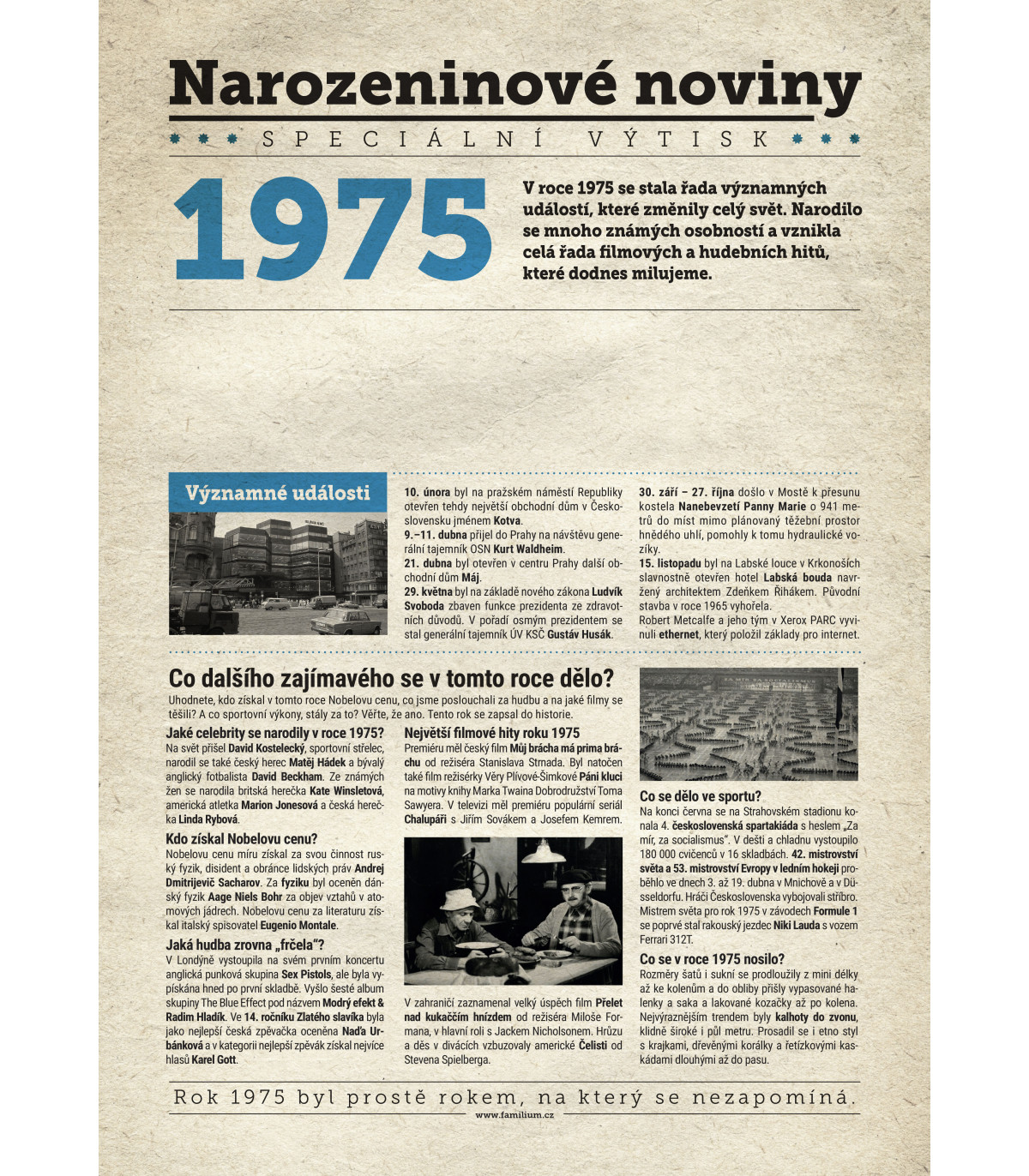 Narozeninové noviny 1975 s vlastním textem a fotografií