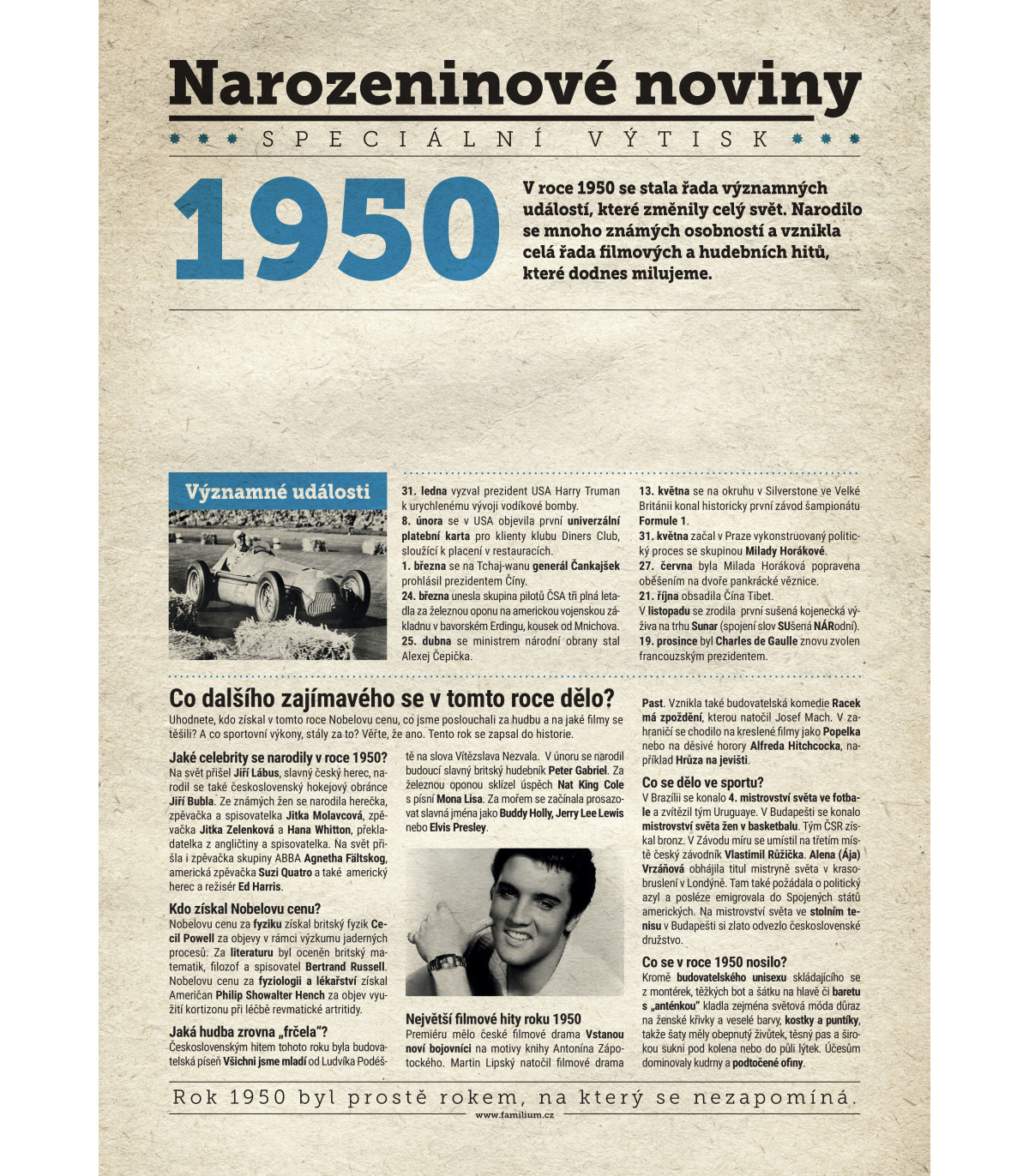 Narozeninové noviny 1950 s vlastním textem a fotografií