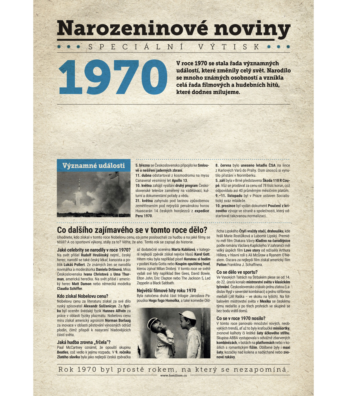 Narozeninové noviny 1970 s vlastním textem a fotografií
