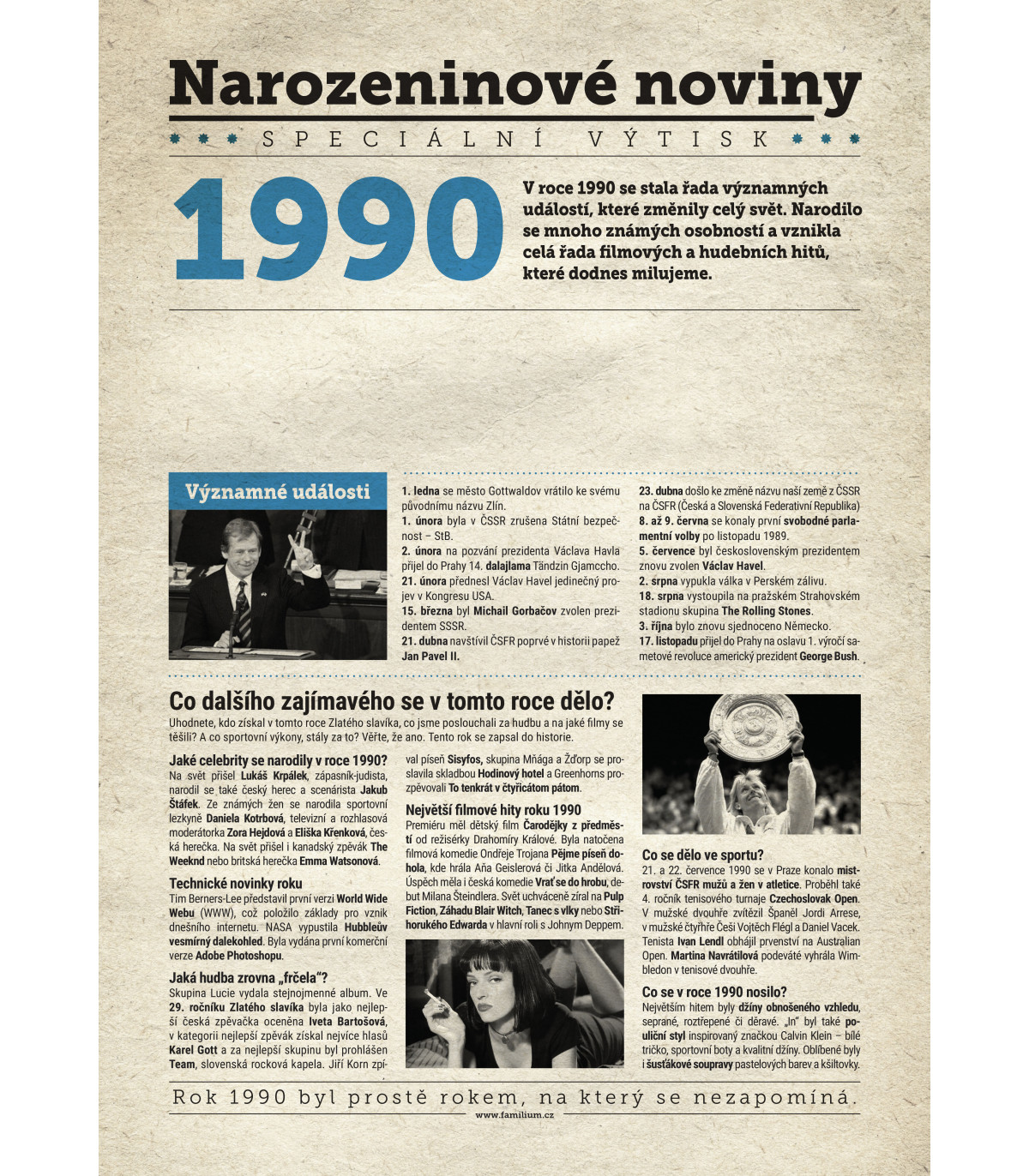 Narozeninové noviny 1990 s vlastním textem a fotografií