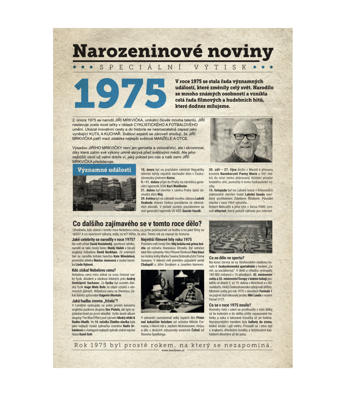 Narozeninové noviny 1975 s vlastním textem a fotografií