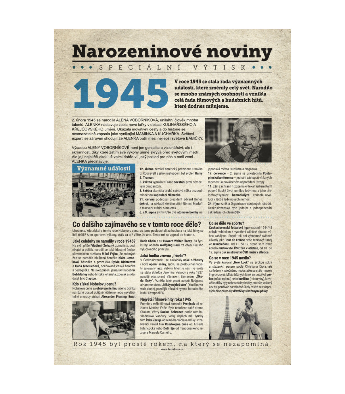 Narozeninové noviny 1945 s vlastním textem a fotografií