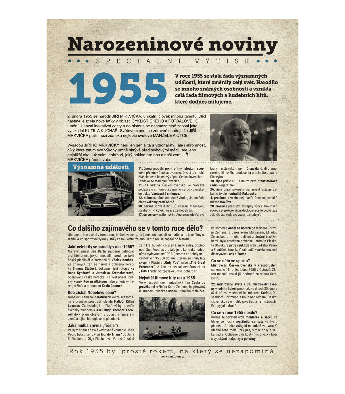 Narozeninové noviny 1955 s vlastním textem a fotografií