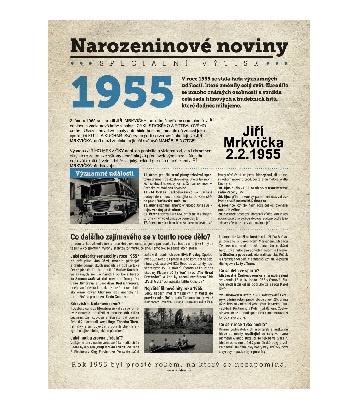 Narozeninové noviny 1955 s vlastním textem a fotografií