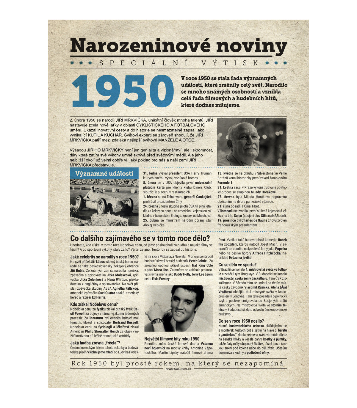 Narozeninové noviny 1950 s vlastním textem a fotografií