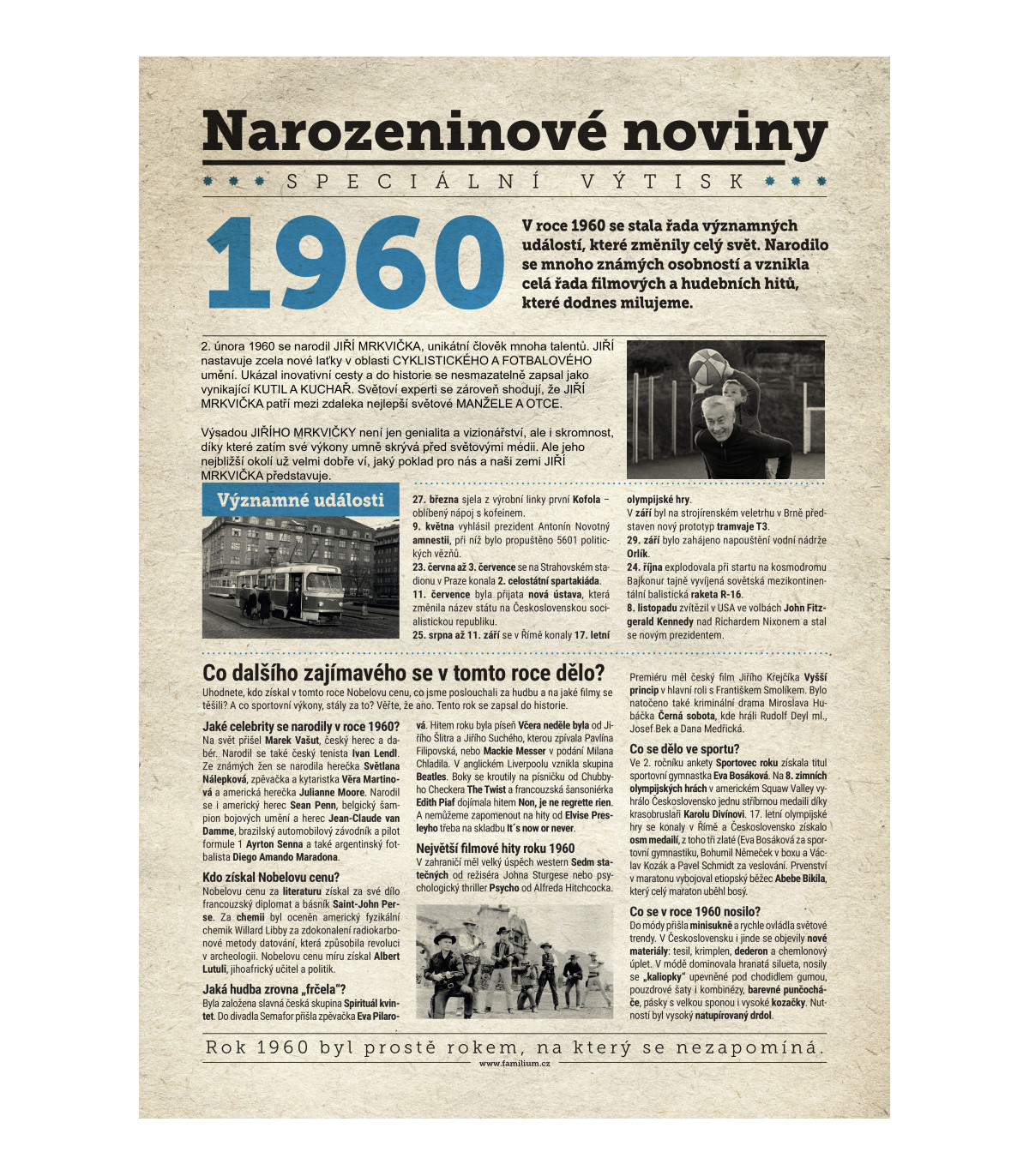 Narozeninové noviny 1960 s vlastním textem a fotografií