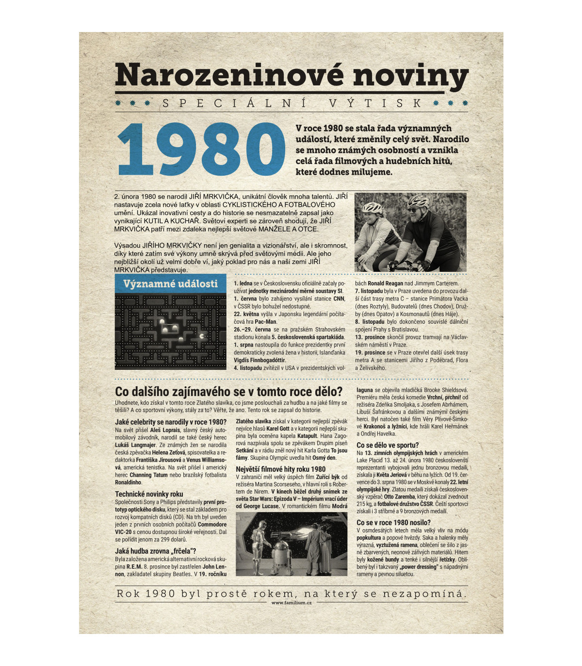 Narozeninové noviny 1980 s vlastním textem a fotografií