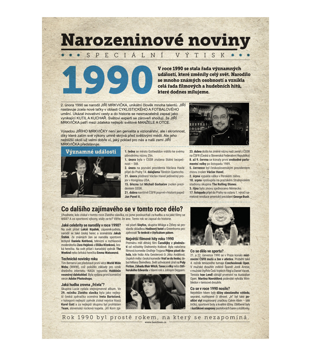 Narozeninové noviny 1990 s vlastním textem a fotografií