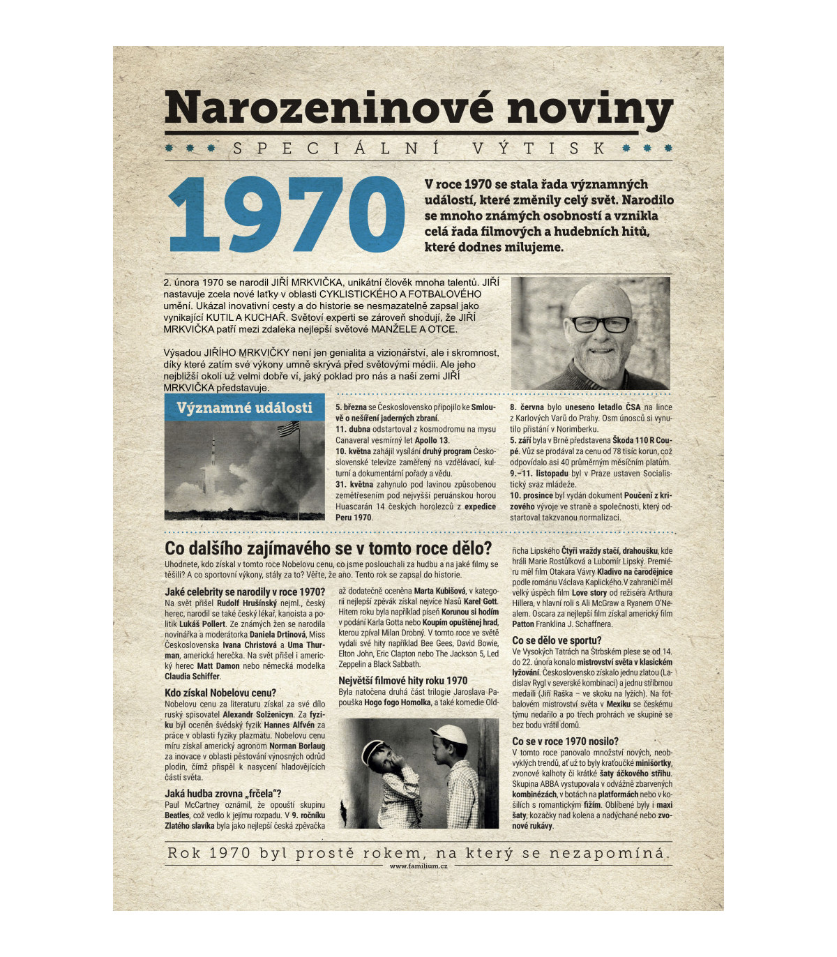 Narozeninové noviny 1970 s vlastním textem a fotografií