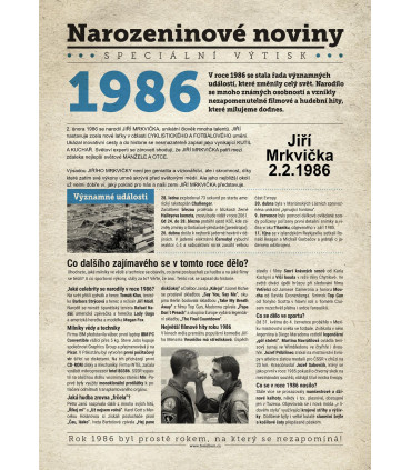 Narozeninové noviny 1986 s vlastní fotografií a textem