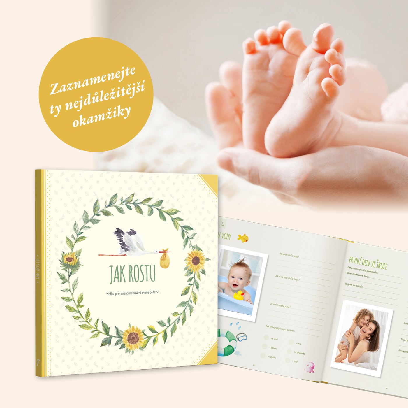 Dětské nožičky a kniha Jak rostu, zaznamenejte ty nejdůležitější okamžiky